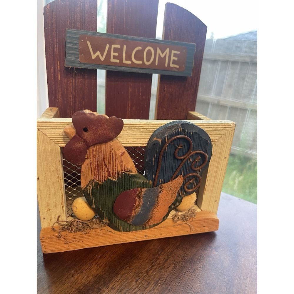 Rustic Wooden Rooster Mail Organizer Holder Farmhouse Wall Decor "Welcome" - Picture 1 of 5